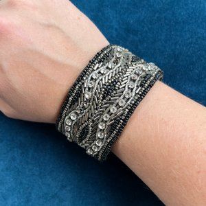 Gothic Gypsy Chic Beaded & Crystals Black Firm Cloth Bracelet Cuff